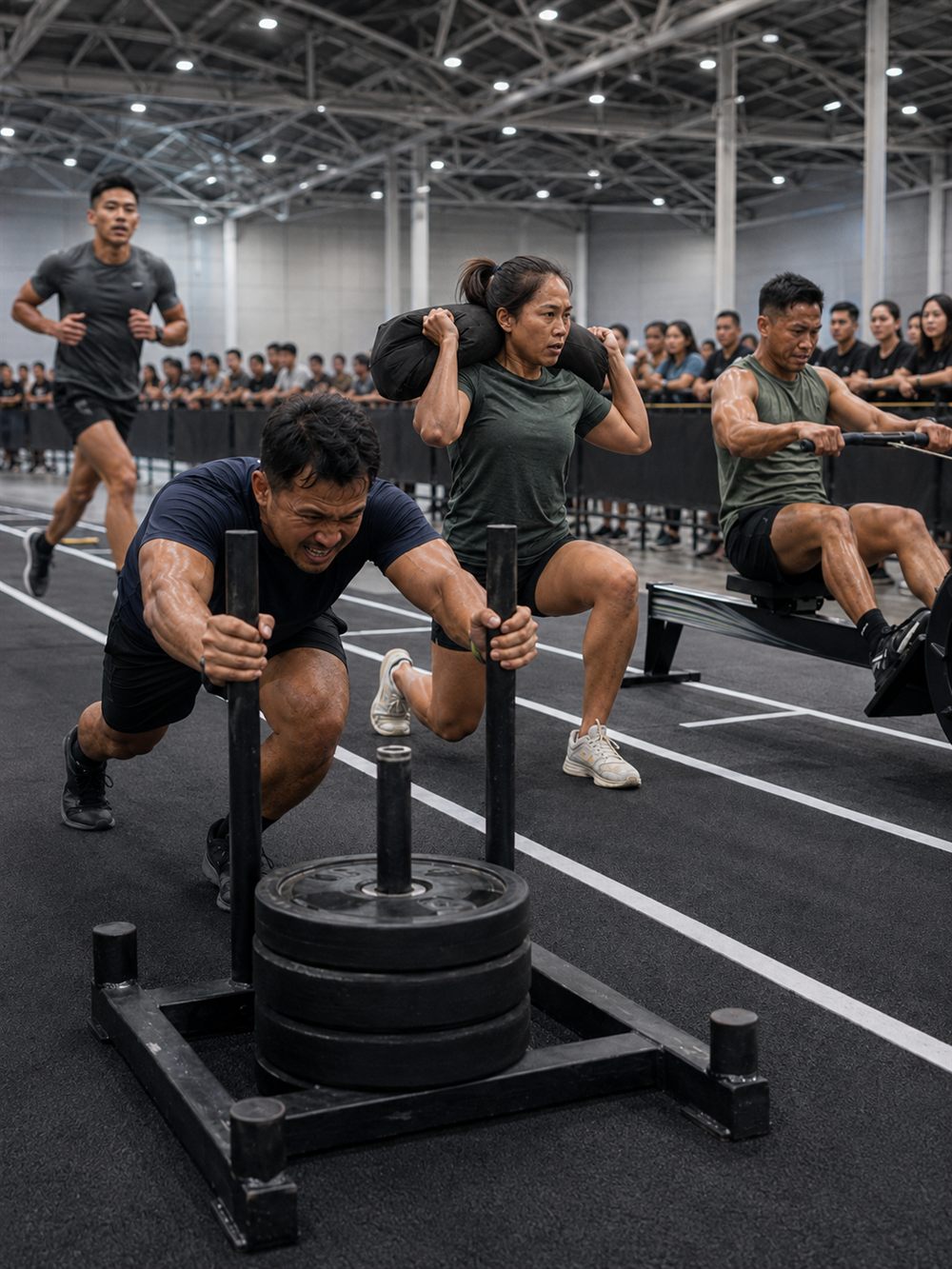 Athletes competing in a functional fitness race, the format used at HYROX Kuala Lumpur