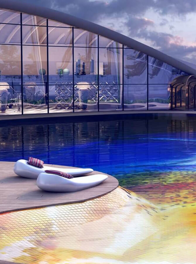 The Mosaic Pool at AMI Suites at dusk, quiet space to recover after HYROX